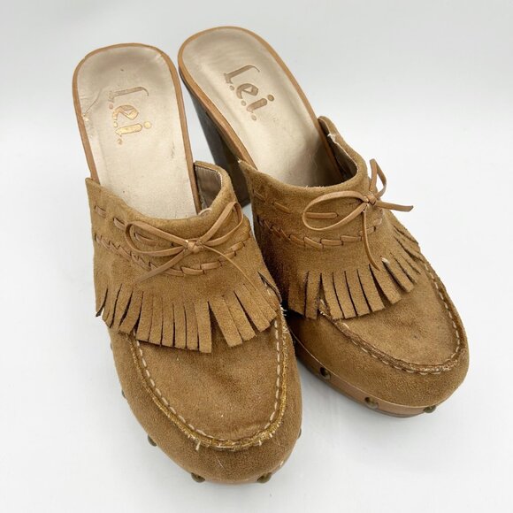 Y2K Vintage L.E.I. Heeled Mule Clog Fringe Boho Retro Western Size 10 Women's - Picture 2 of 5